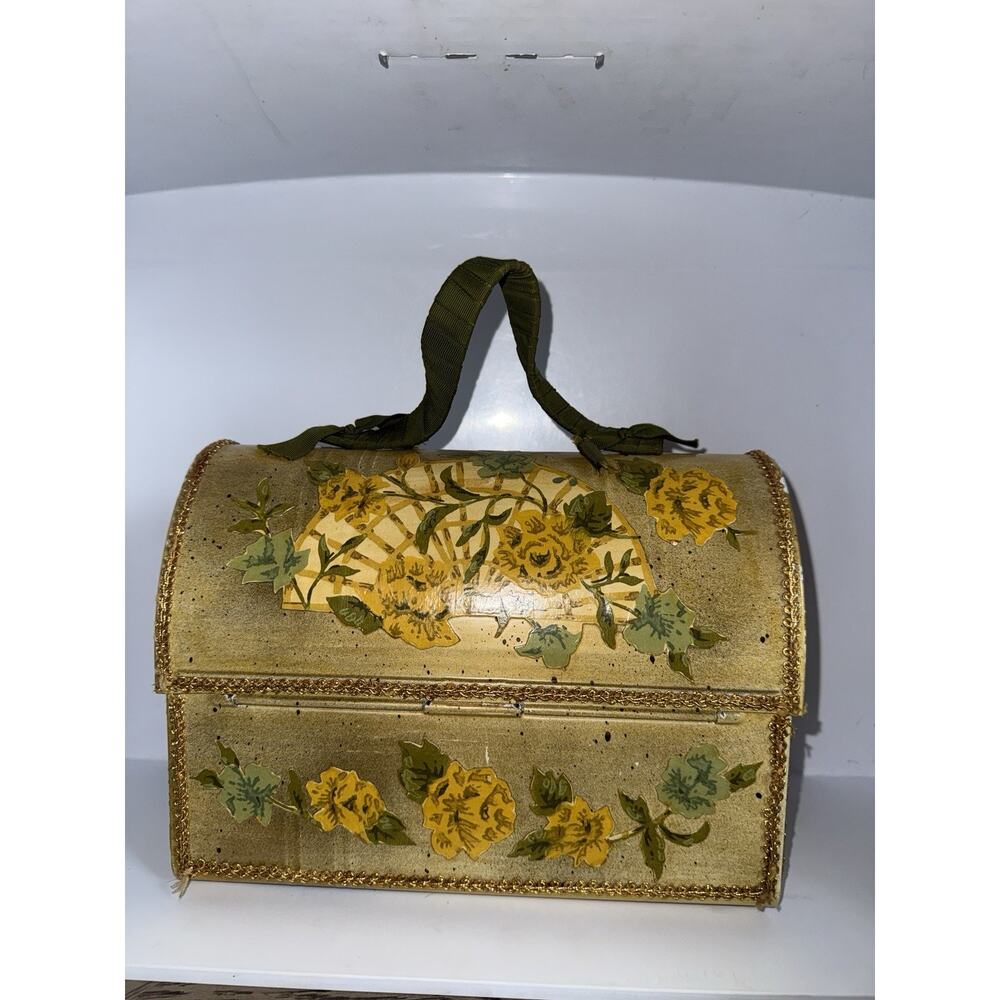 Vintage Metal Work Lunchbox Purse Dome Top Decoupage Painted Roses Yellow 10x8” - Picture 5 of 10